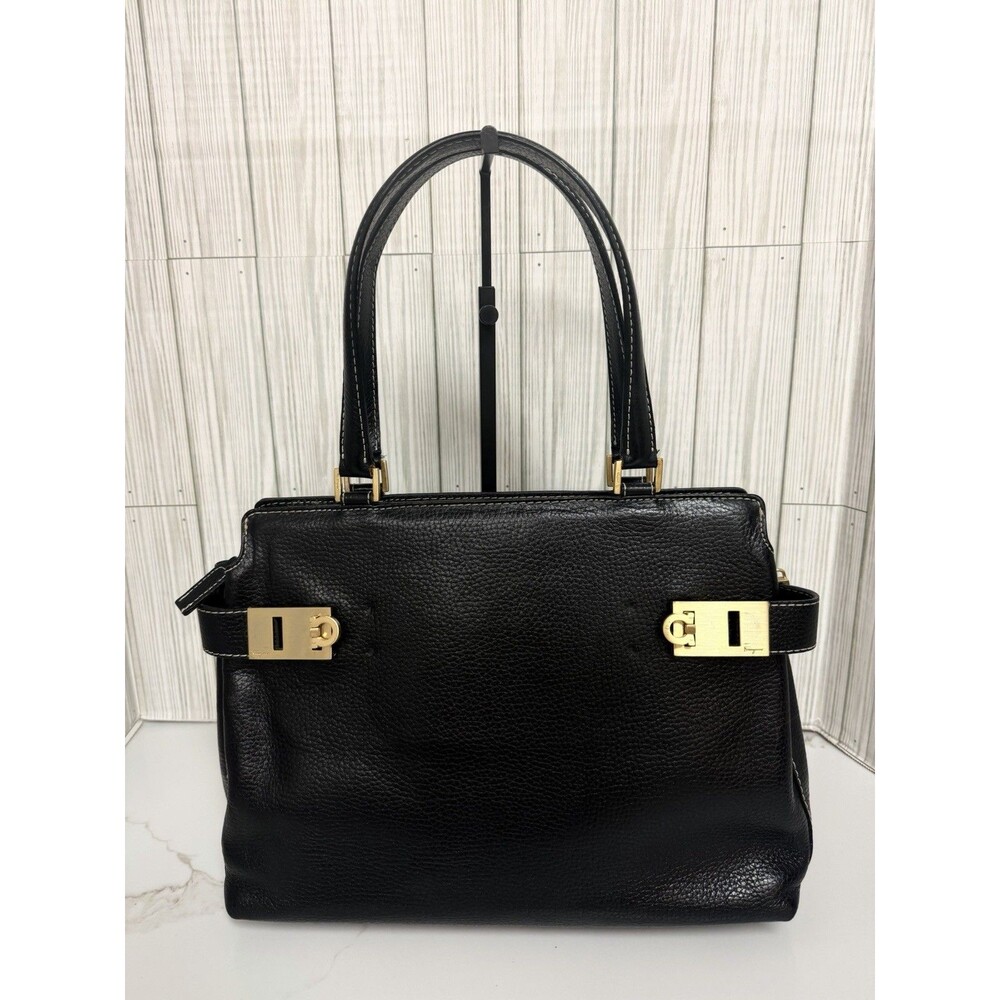 Salvatore Ferragamo Black Satchel Top Handle Buckle Closure Gold Hardware